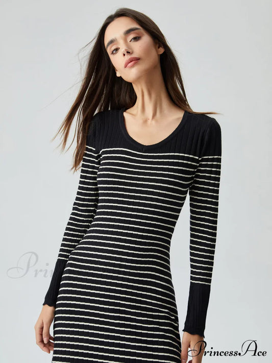 Contrast Trim Striped Crew Modern Neck Knit Sweater Dress Black / S Sweaters-L