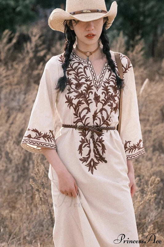 Cotton Linen Floral Boho Dress