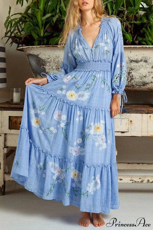 Cotton Rayon Blue Floral Embroidery Boho Dress