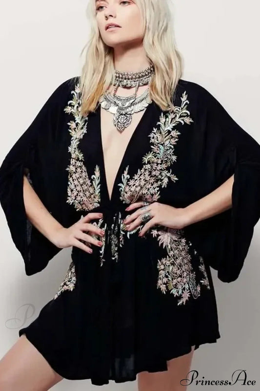 Cotton Rayon Purple Floral Embroidery Boho Dress