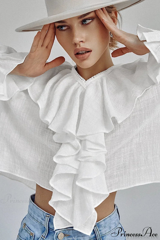 Cotton Ruffled V Neck Pullover Blouse