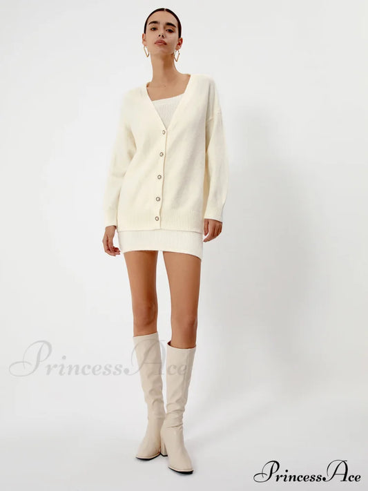 Cream Short Sweater Trendy Dress With Matching Cardigan Apricot / Xs Sweaters-L