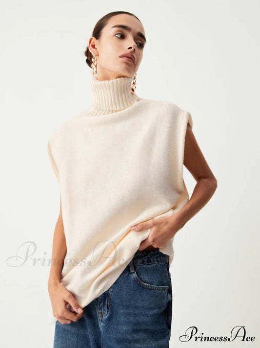 Cream Turtleneck Graceful Sweater Vest Sweaters-L