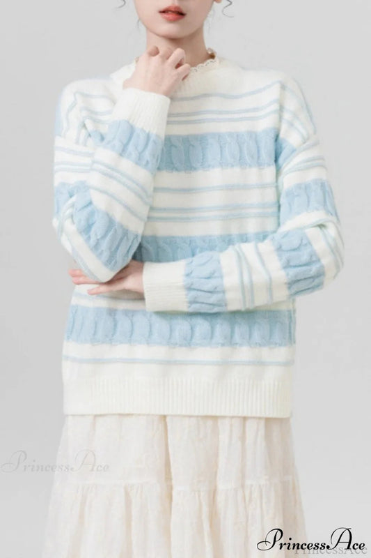 Creamy Stripe Cable-Knit Loose Sweater