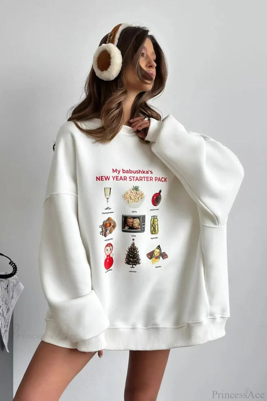 Crew Neck Cartoon Print Fleece Lined Sweatshirt