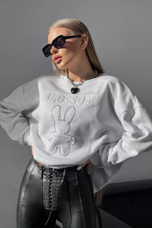 Crew Neck Chic Oversized Embossed Rabbit Sweatshirt