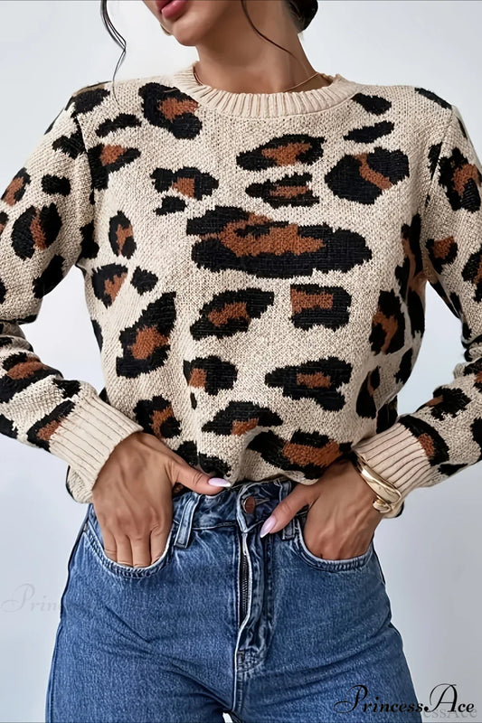 Crew Neck Leopard Pattern Knit Sweater Apricot / S