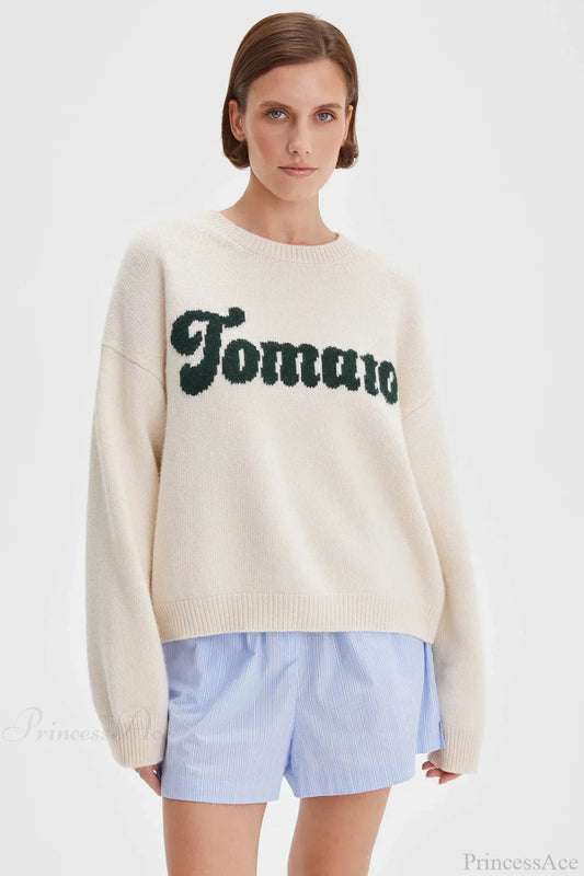 Crew Neck Letter Jacquard Loose Knit Sweater