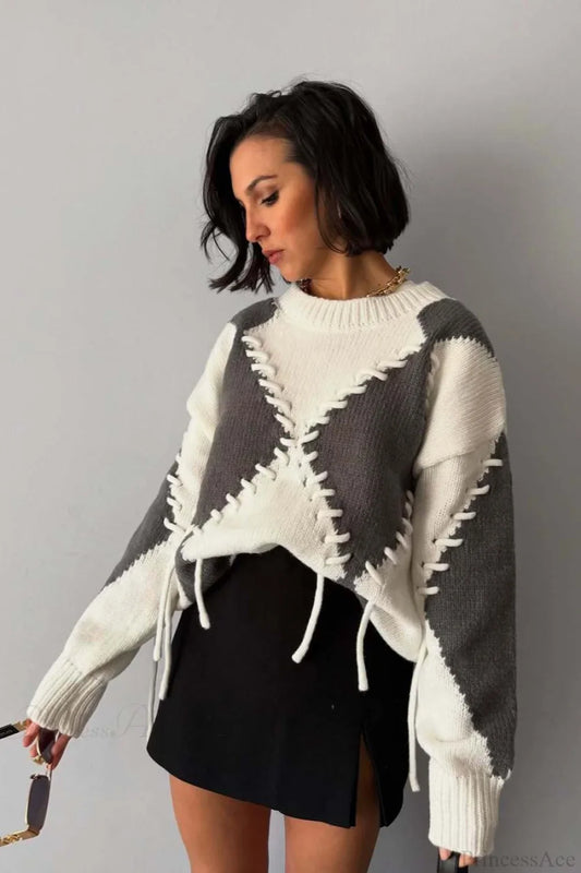 Crew Neck Long Sleeve Contrast Argyle Drawcord Sweater