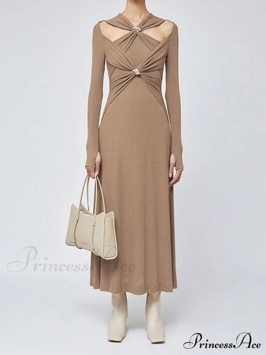 Criss Cross Cut Trendy Out Long Dress Brown / S Dresses