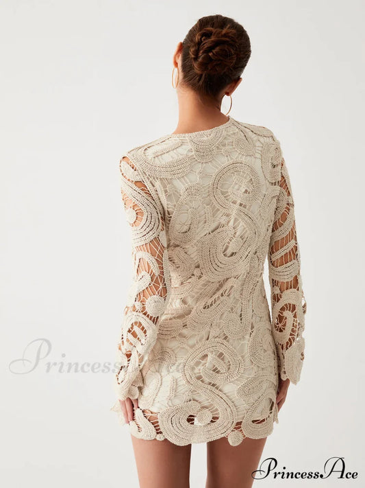Crochet Paisley Long Trendy Sleeve Short Dress Sweaters-L
