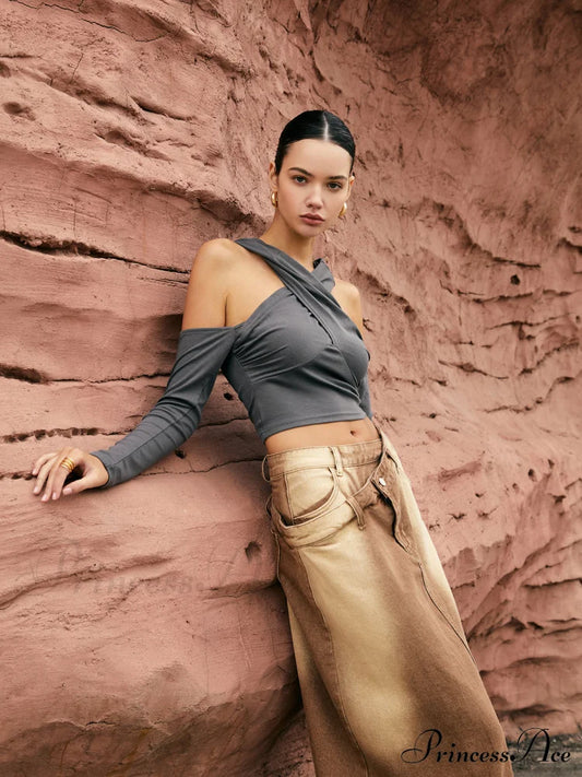 Cross-Over Neck Graceful Hooded Top T-Shirts