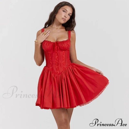 Cute Elegant Italian Noodle Strap Lace Up Red Christmas Party Dress