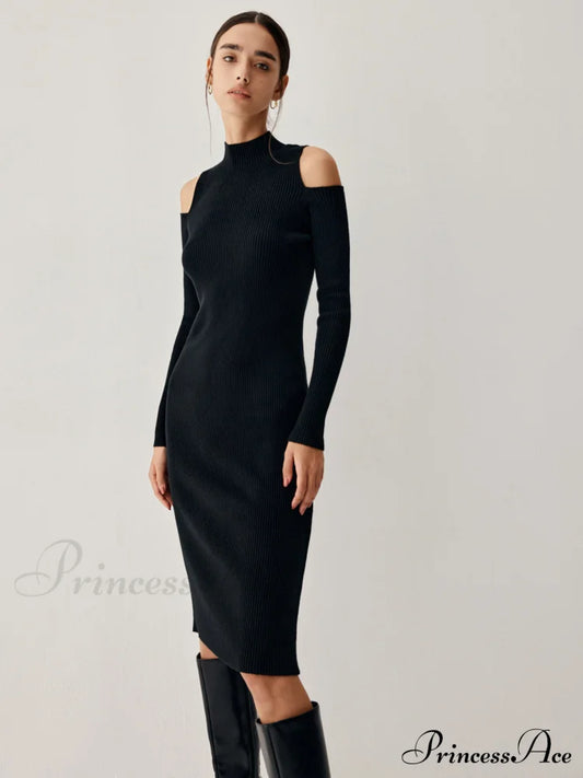 Cutout Mock Neck Long Modern Sleeve Midi Sweater Dress Sweaters-L