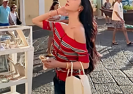 Y2K Striped Knitted Off Shoulder Button-front Sweater Knit Top