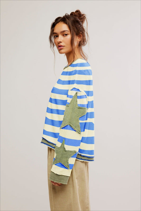 Star Sleeve Applique Stripe Sweatshirt