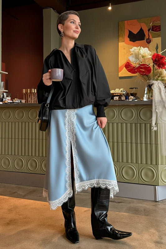 Asymmetric Lace-Trim Satin Midi Skirt