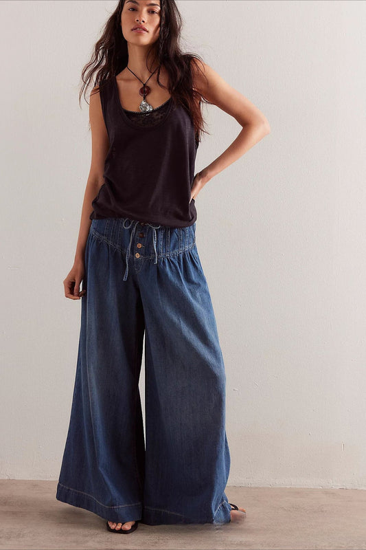 Ruched Mid-Rise Tie Waist Wide Leg Jean