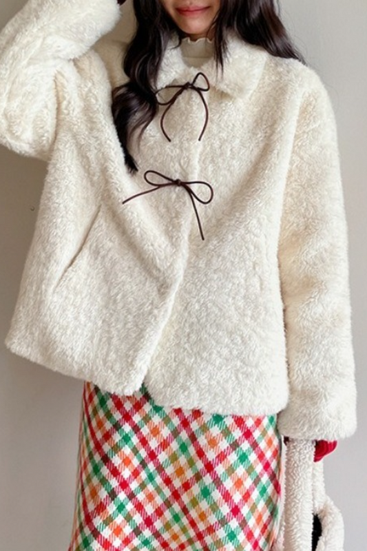 Vintage Color Block Bow Tie Fuzzy Tie-Up Coat