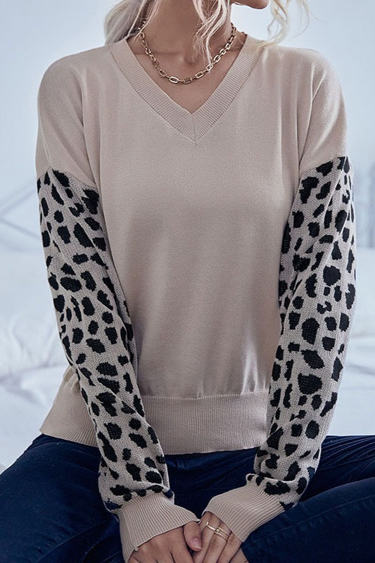 Knit V-Neck Leopard Panel Sweater