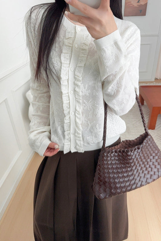 Soft-Style Stand-Collar Frog-Button Lace Cutout Cardigan