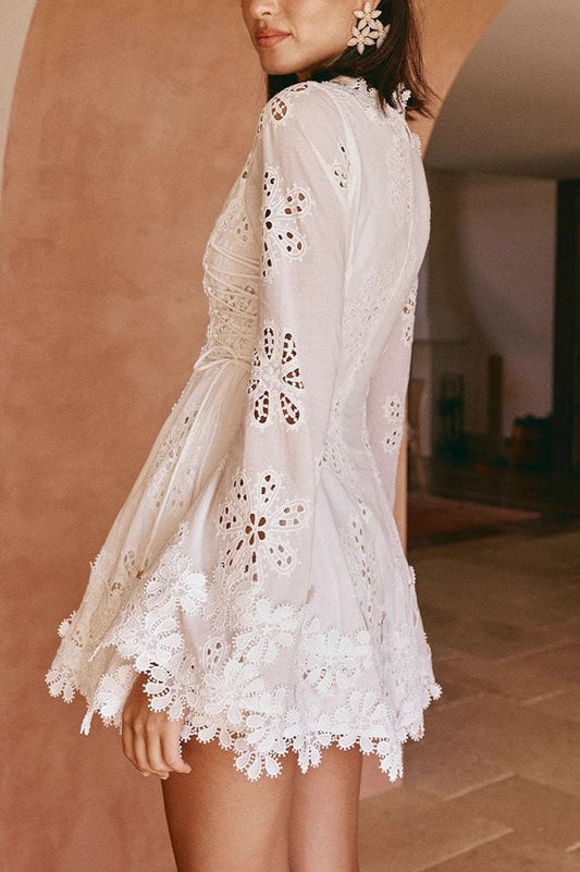 Fitted Lace Trim Tie Long Sleeve Mini Dress