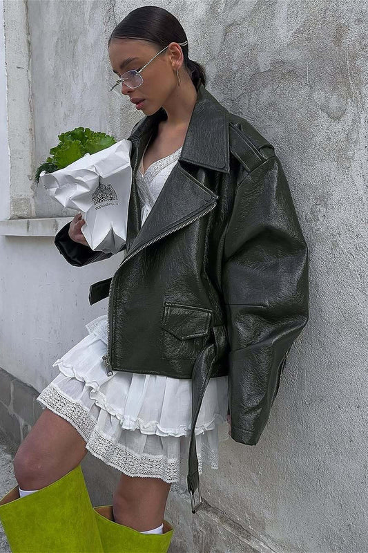 Zip Up Green Leather Moto Jacket