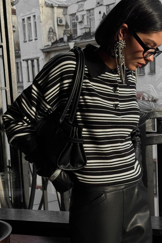 Color-block Stripe Fitted Polo Knit Bloshope