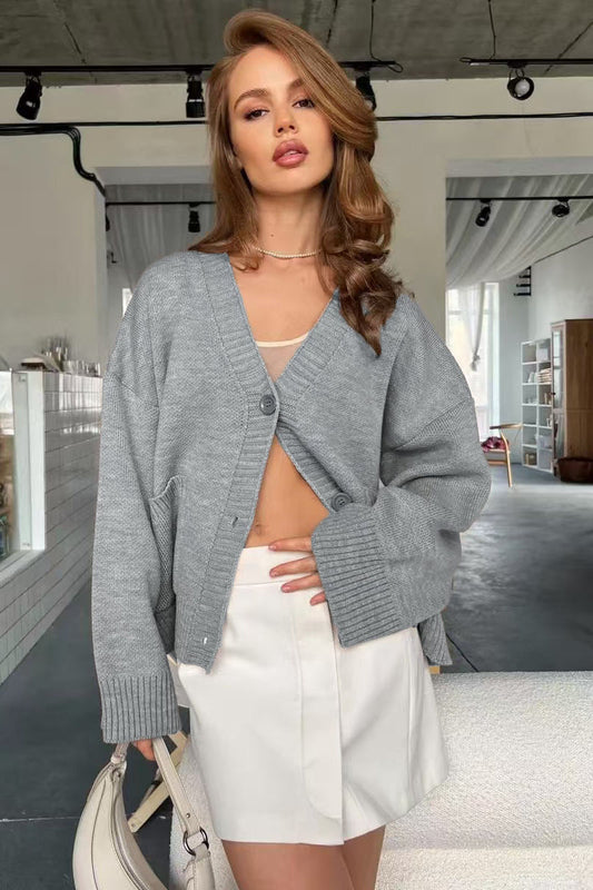 V-Neck Pocket Loose Fit Knit Cardigan
