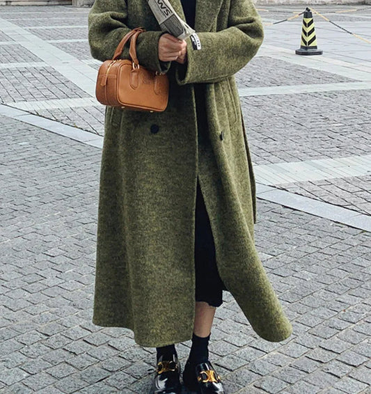 Green Wool Lapel Double-Breasted Overcoat