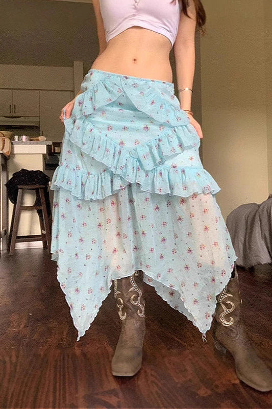 Sheer Floral Low Waist Asymmetrical Ruffle A Line Skirt