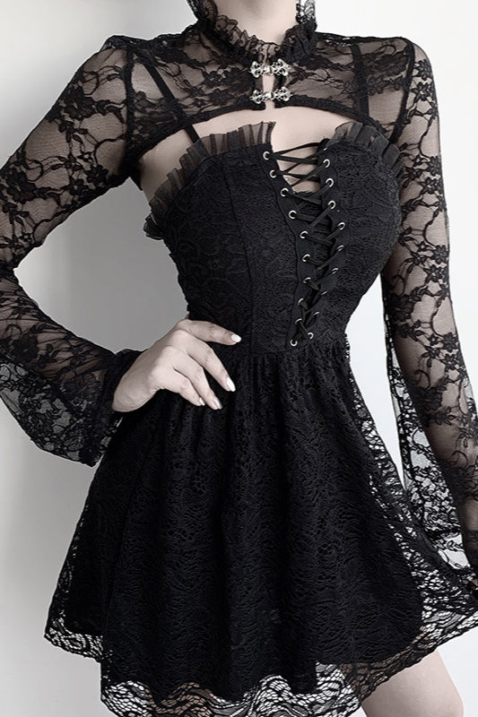 High Neck Flared Sleeve Lace Knit Top