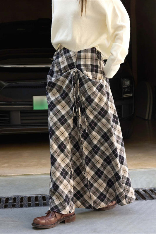 Asymmetric Color Block Plaid Midi Skirt