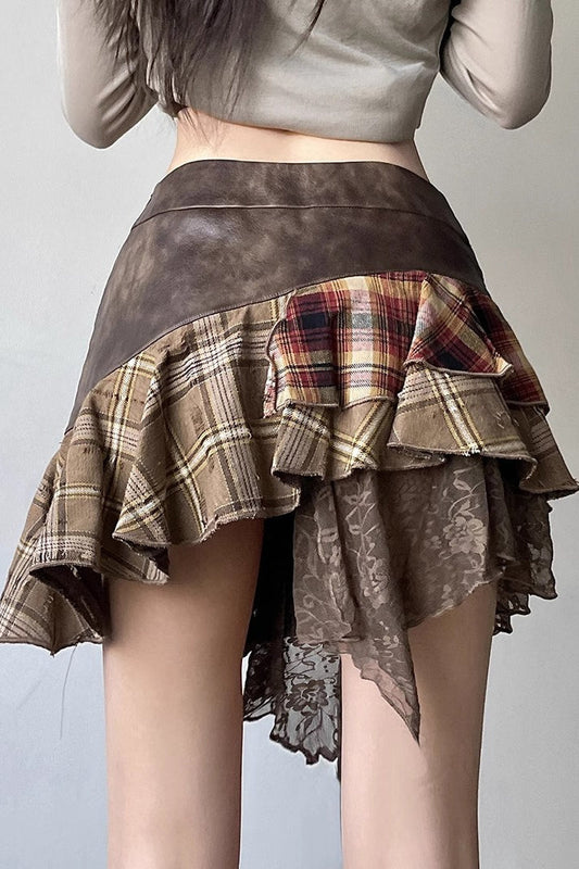 Post-Apoc Plaid Paneled V-Waist Mini Skirt