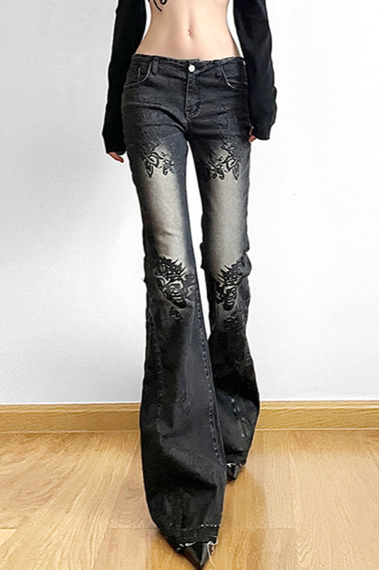 Vintage Plant Print Flared Jeans
