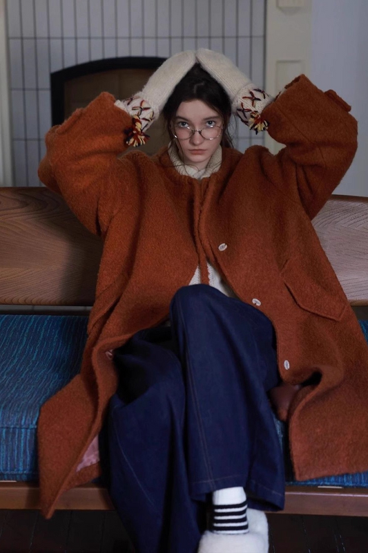 Bow Tie Waist Loose Slim Wool Blend Overcoat