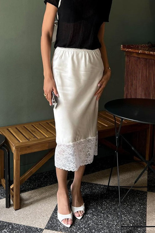 Solid Satin Lace Trim Bodycon Skirt