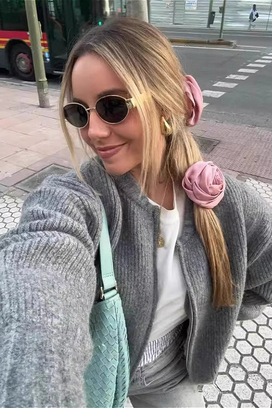 Crew-Neck Long-Sleeve Zip Solid Knit Cardigan