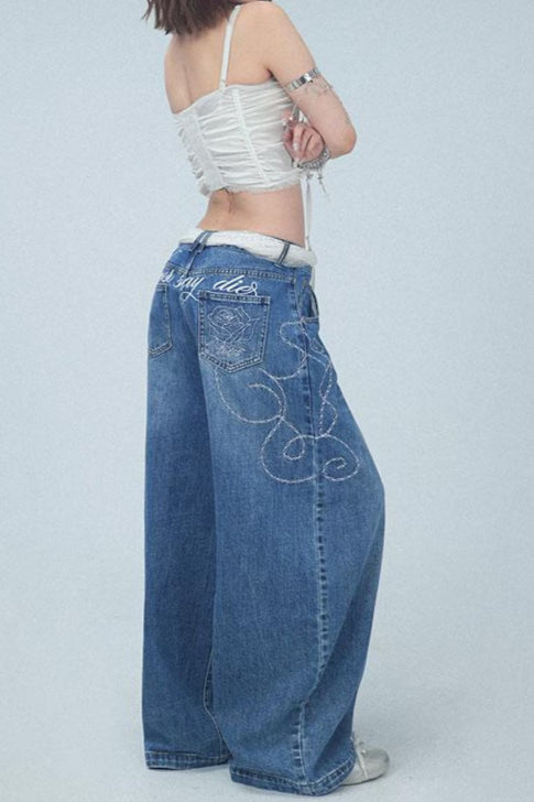 Embroidered High Rise Wide Leg Jean
