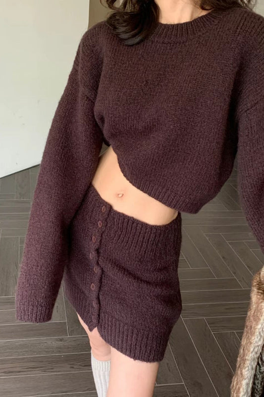 Short Fitted Knit Round Neck Slim Two Piece Set