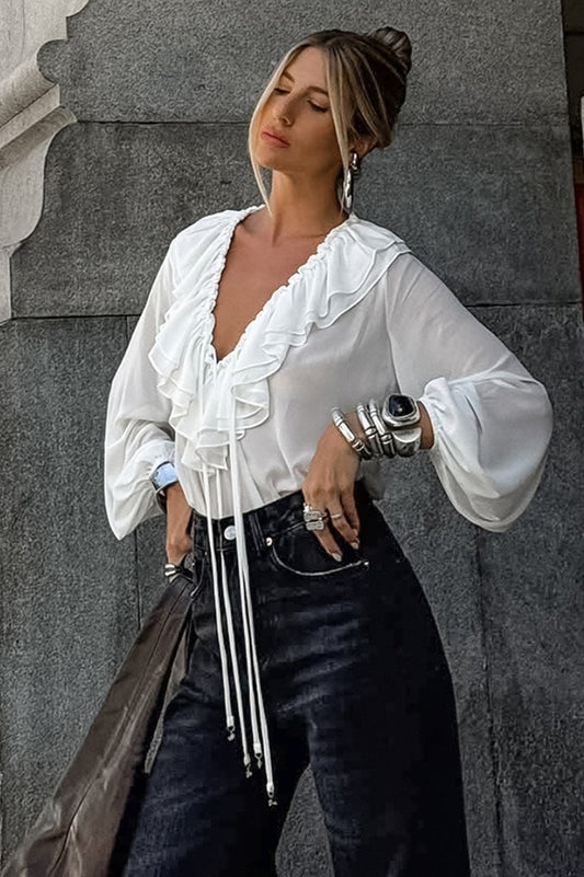 Vintage Ruffle Tie V-Neck Lantern Sleeve Bloshope