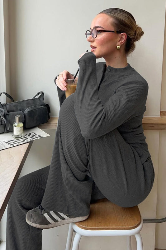 Ribbed Mock Neck Cardigan Pants Set