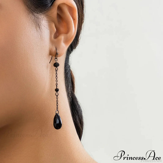 Dark Black Crystal Long Fringe Drop Earring