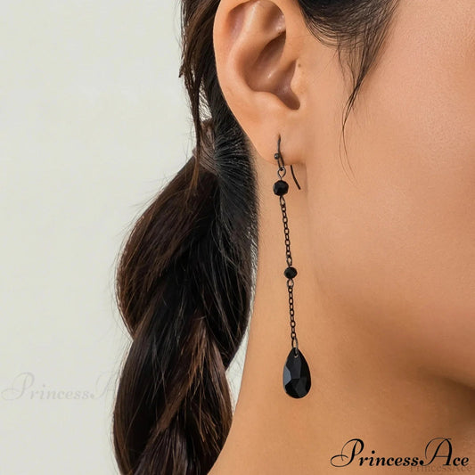 Dark Black Crystal Long Fringe Drop Earring