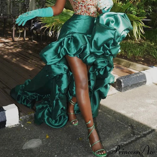 Dark Green High Low Skirt Ruffles Big Flowers Formal Wear