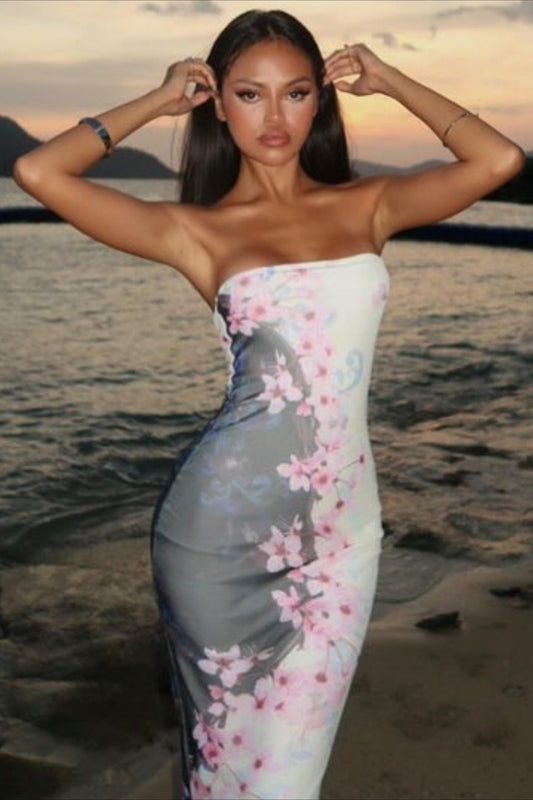 Floral Strapless Fitted Mermaid Maxi Dress