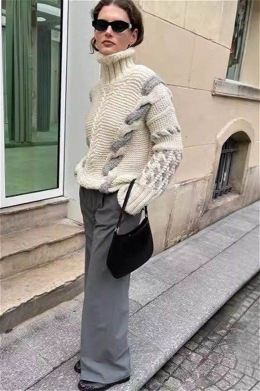 Hooded Colorblock Cable Knit Sweater