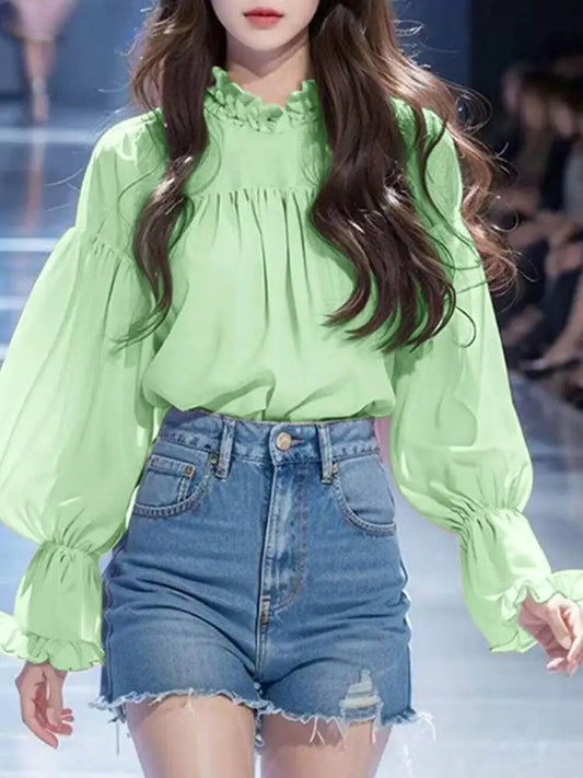 Lantern Sleeve Solid Stand Collar Bloshope