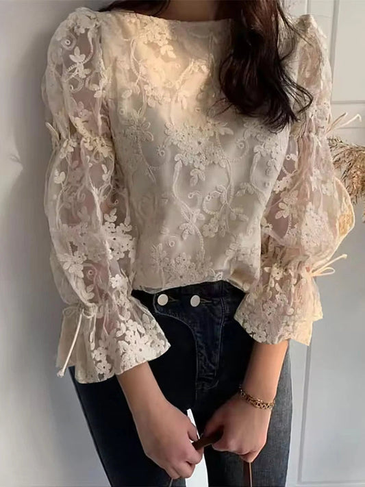 Lace Embroidery Puff Sleeve Bloshope