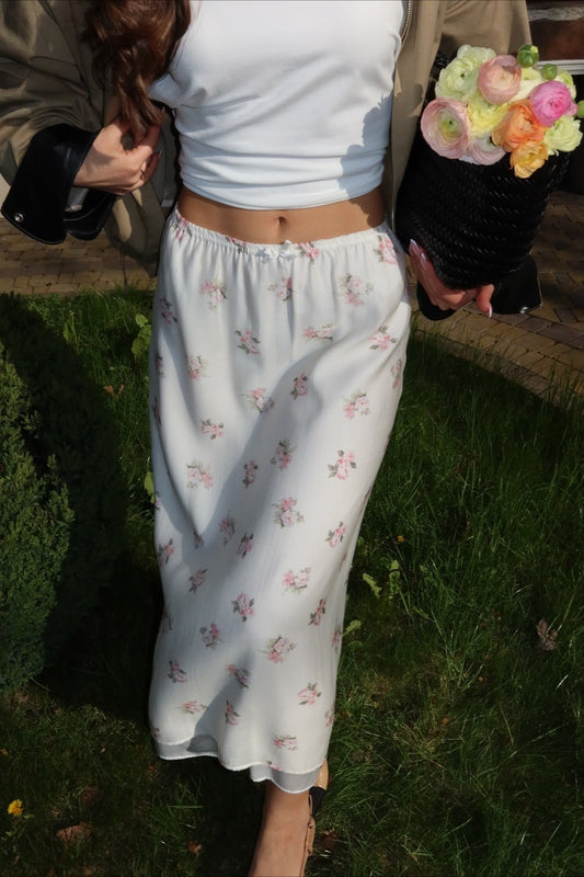 Floral Elastic-Waist Midi Skirt